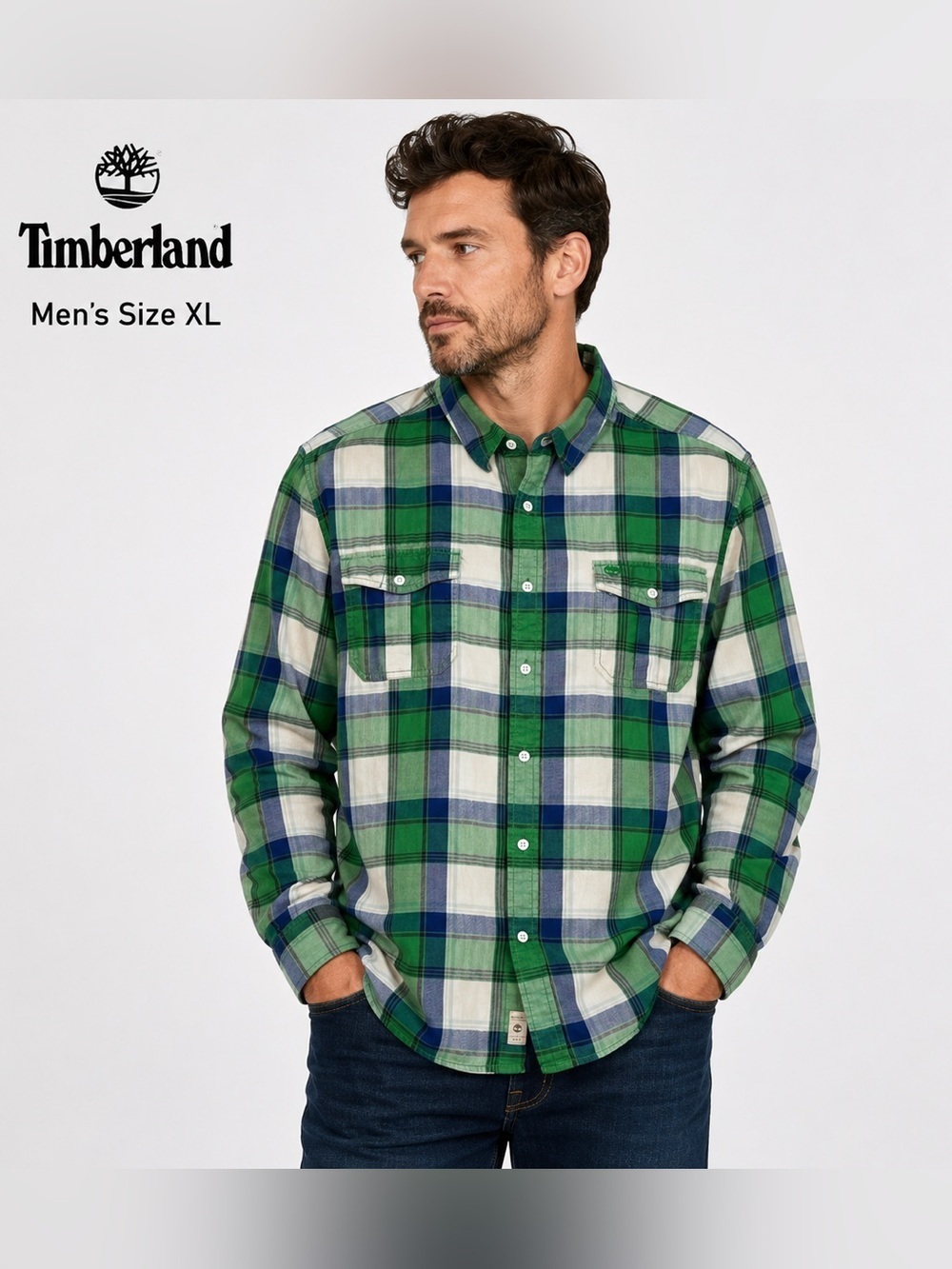 VTG Timberland Men's XL Plaid Button-Down Shirt - Green Blue Check